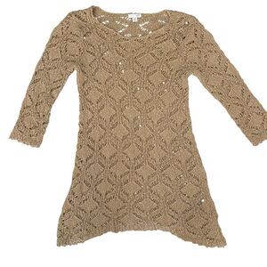 J Jill Sweater Womens Sweater Open  Knit XS Beige Crochet  Tunic Boho 3/4 Scoop